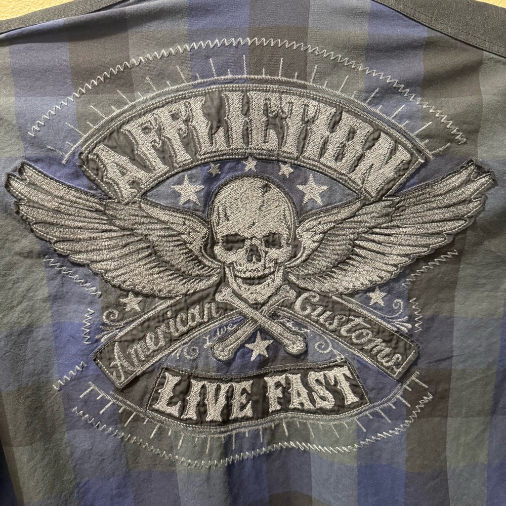 Men’s 2XL Affliction for Buckle Navy Blue Black Premium Embroidered Flannel - Picture 12 of 16